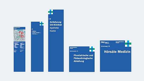 5 blaue Wegweiser-Ständer im Corporate Design.