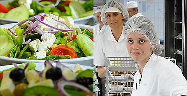 Geteiltes Bild mit Salat links und Küchenpersonal rechts.
