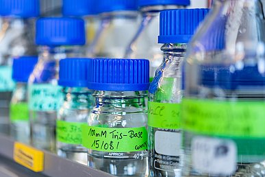 Detailaufnahme von mehreren mit klarer Flüssigkeit gefüllten Laborflaschen aus Glas mit blauem Plastikdeckeln und giftgrünen Banderolen mit schwarzer Beschriftung.