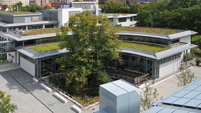 Blick von oben auf Viertelkreisförmiges Palmeria-Gebäude mit großem Baum davor und begrünten Dächern.