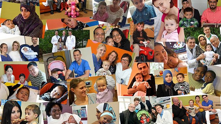 Collage vieler Bilder von Personen mit Kindern.