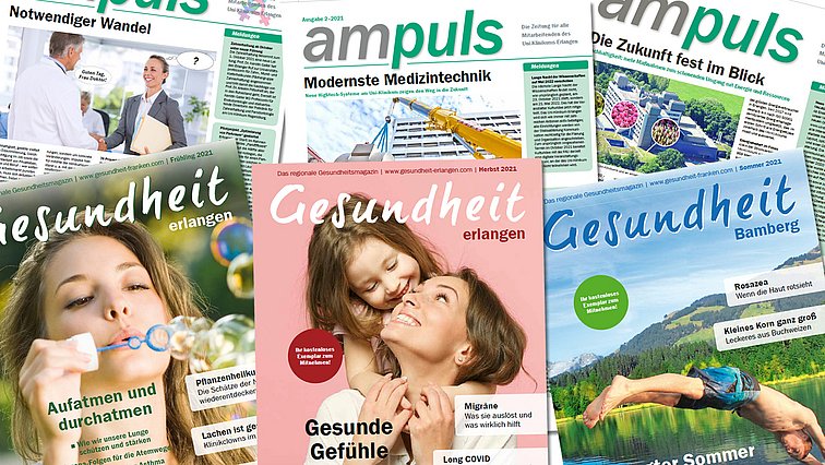 Jeweils 3 Ausgaben von Gesundheit erlangen und der Mitarbeiterzeitung ampuls.